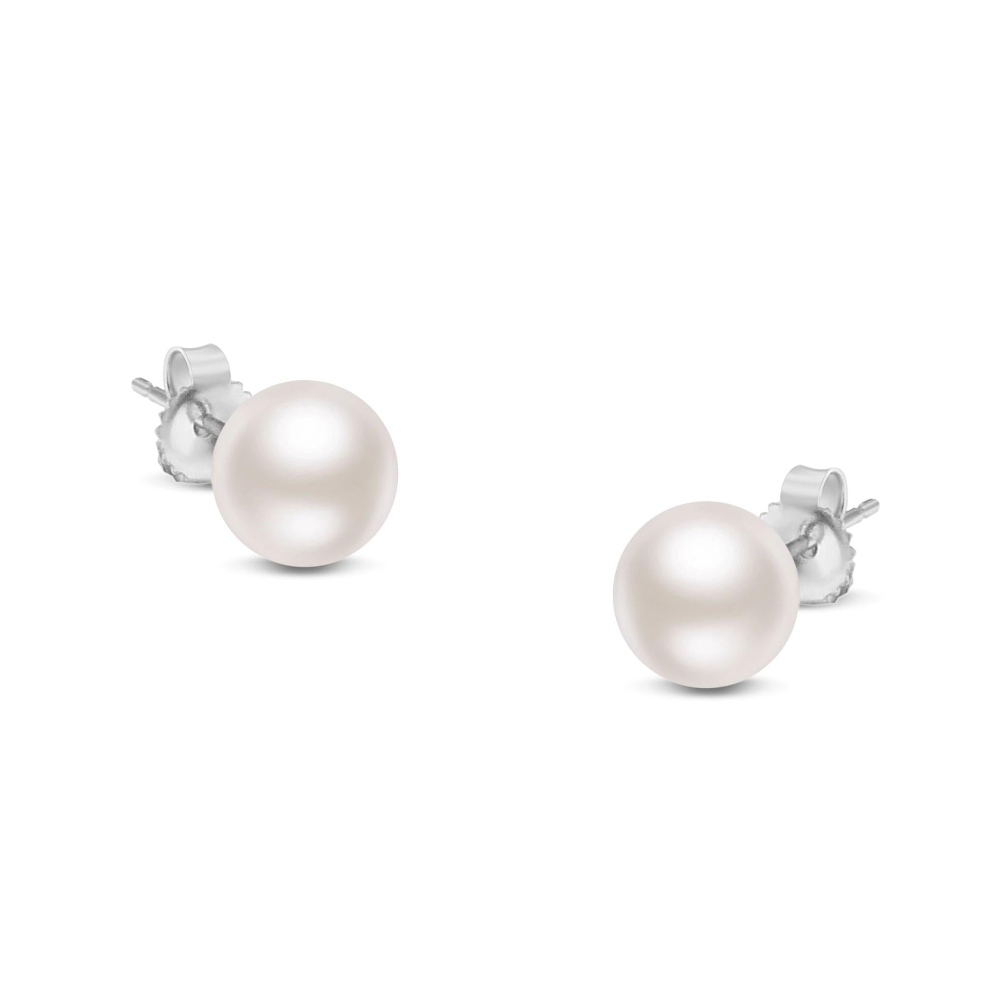 14K Gold Round White Saltwater Akoya Cultured Pearl Stud Earrings AAA + Quality