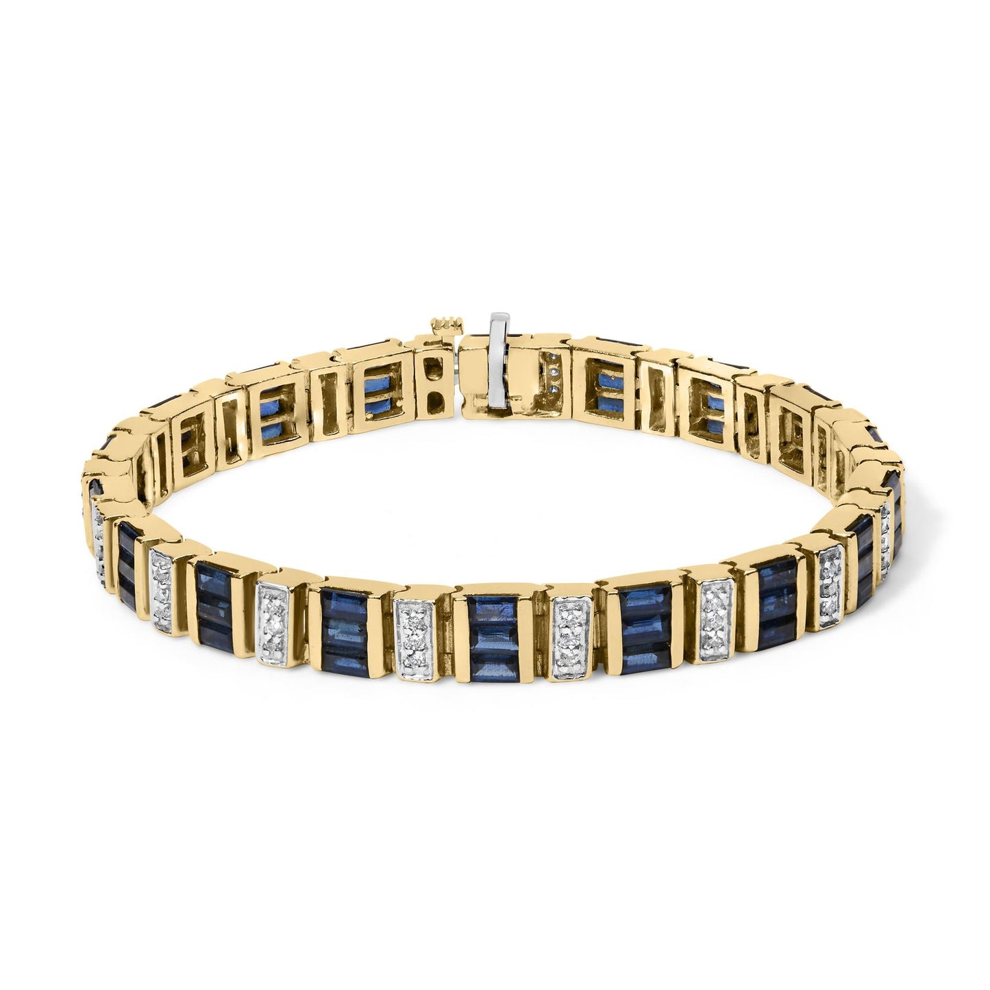 14ct Yellow Gold 2/5 Cttw Diamond & 8.0 Cttw Baguette Cut Blue Sapphire Alternating Link Bracelet (G-H Color, VS1-VS2 Clarity) - 7" Inches