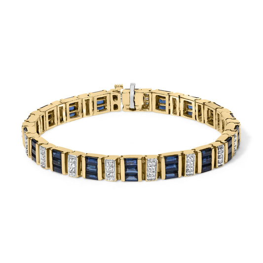 14ct Yellow Gold 2/5 Cttw Diamond & 8.0 Cttw Baguette Cut Blue Sapphire Alternating Link Bracelet (G-H Color, VS1-VS2 Clarity) - 7" Inches