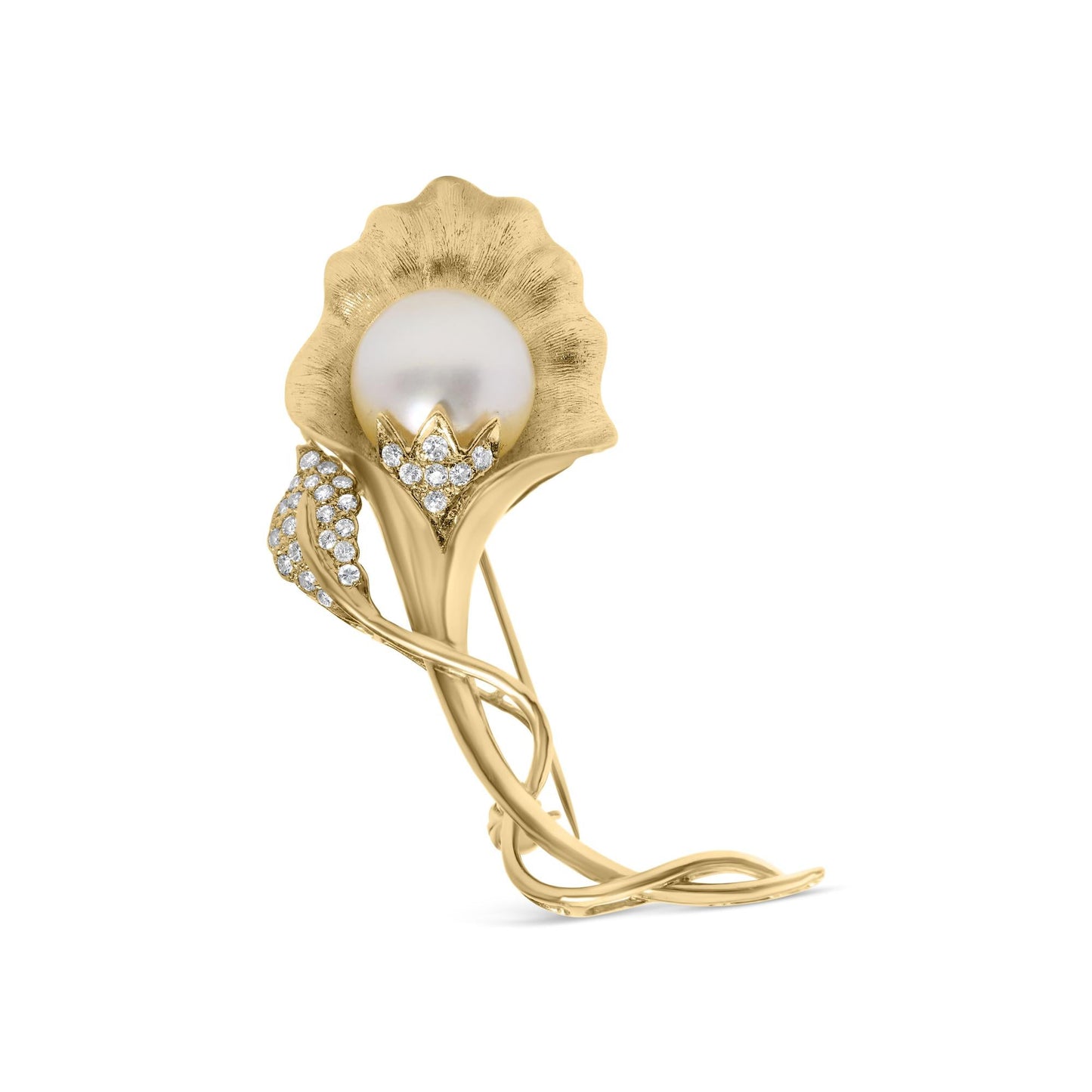 18K Yellow Gold 2/5 Cttw Diamond and 12MM Cultured South Sea Pearl Flower Pin