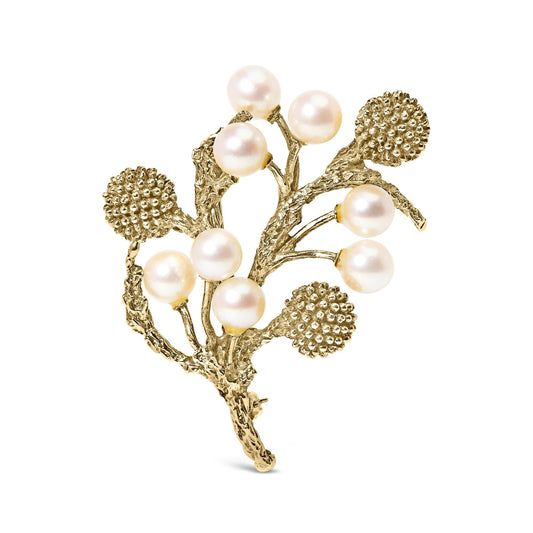 18K Yellow Gold Cultured Akoya Pearl Tree Branch Brooch Pin with Hammered