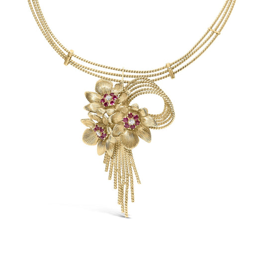 18K Yellow Gold Diamond and Red Ruby Floral Cascade Statement Necklace