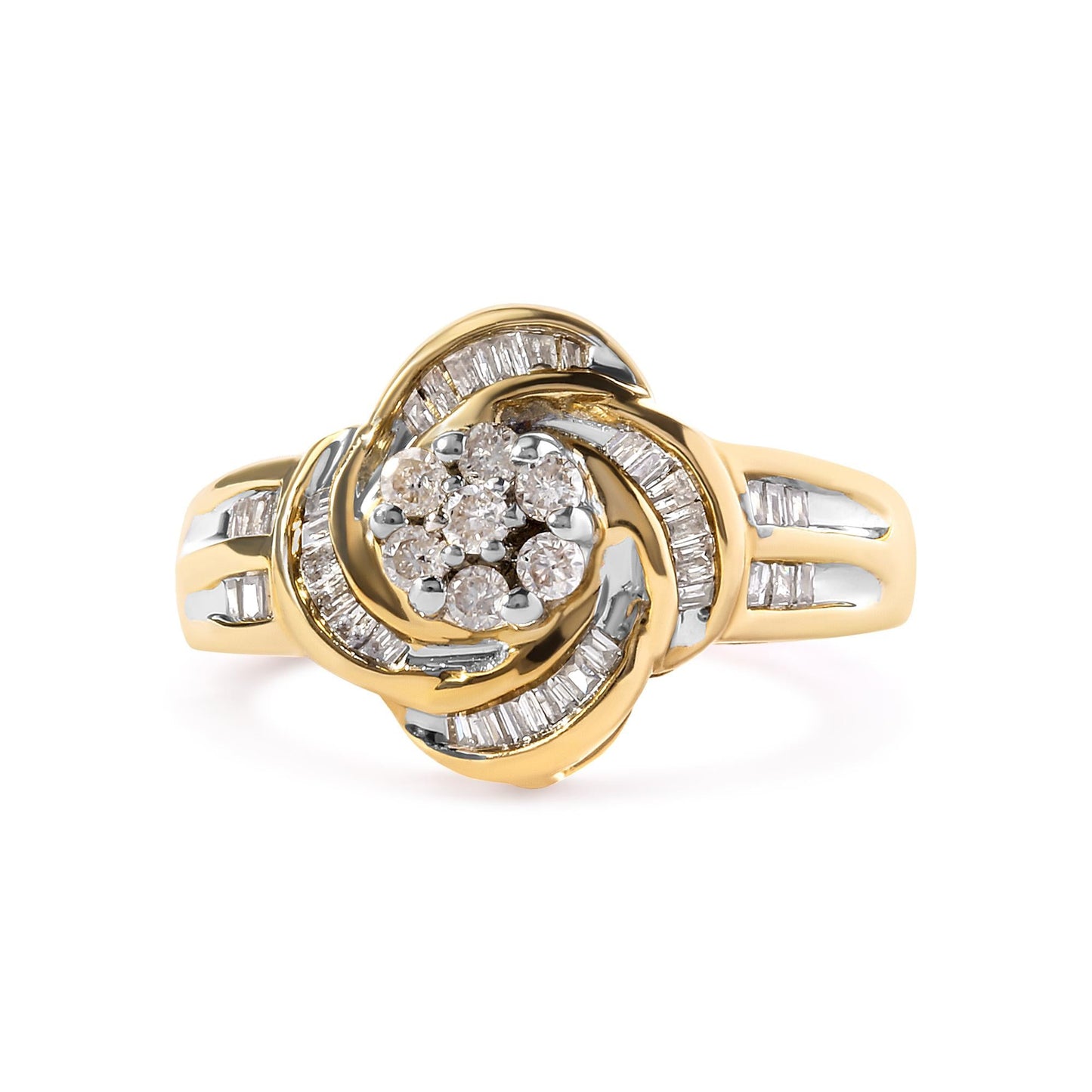 10K Yellow Gold 1/2 Cttw Round and Baguette Diamond Flower Swirl Cocktail Ring