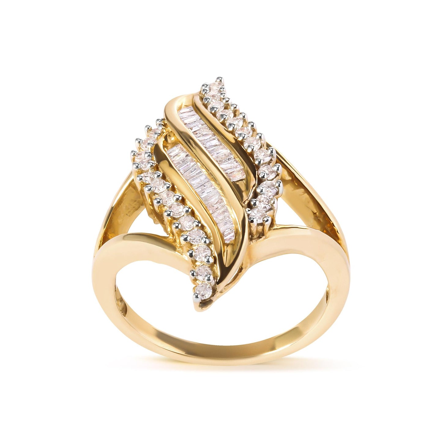 10K Yellow Gold 1/2 Cttw Round and Baguette Cut Diamond Cocktail Ring (H-I