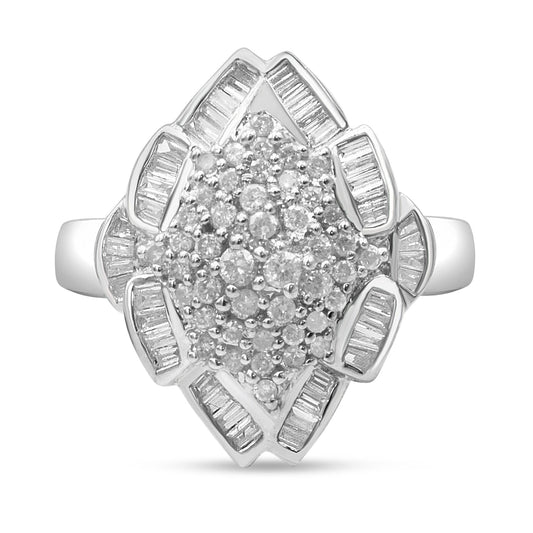 14K White Gold 7/8 Cttw Round and Baguette-Cut Diamond Cluster Ring (H-I Color