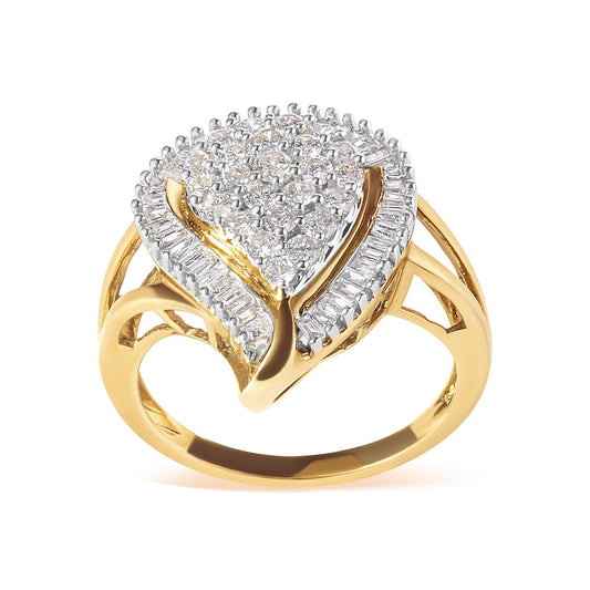 10K Yellow Gold 1 Cttw Round and Baguette Cut Diamond Ballerina Cluster Ring