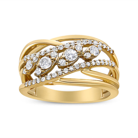 10K Yellow Gold 1/2 Cttw Round-Cut Multi Row Diamond Split Shank Cocktail Ring