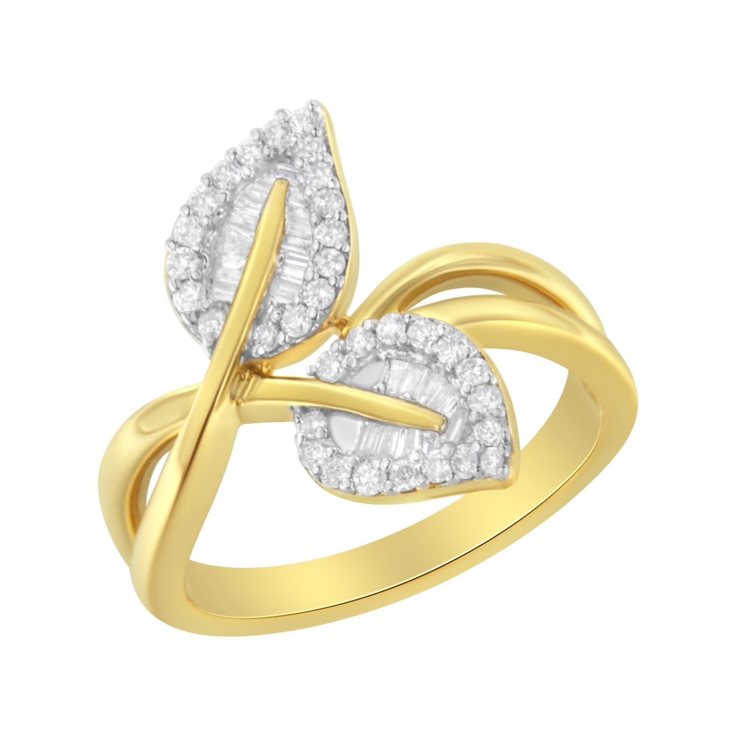 10K Yellow Gold 3/8 Cttw Round and Baguette-Cut Diamond Leaf Cocktail Ring (I-J