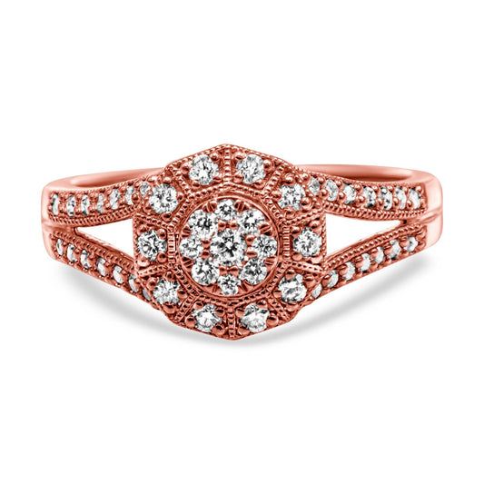 14K Rose Gold Plated.925 Sterling Silver 1/2 Cttw Pave Diamond Halo Cluster