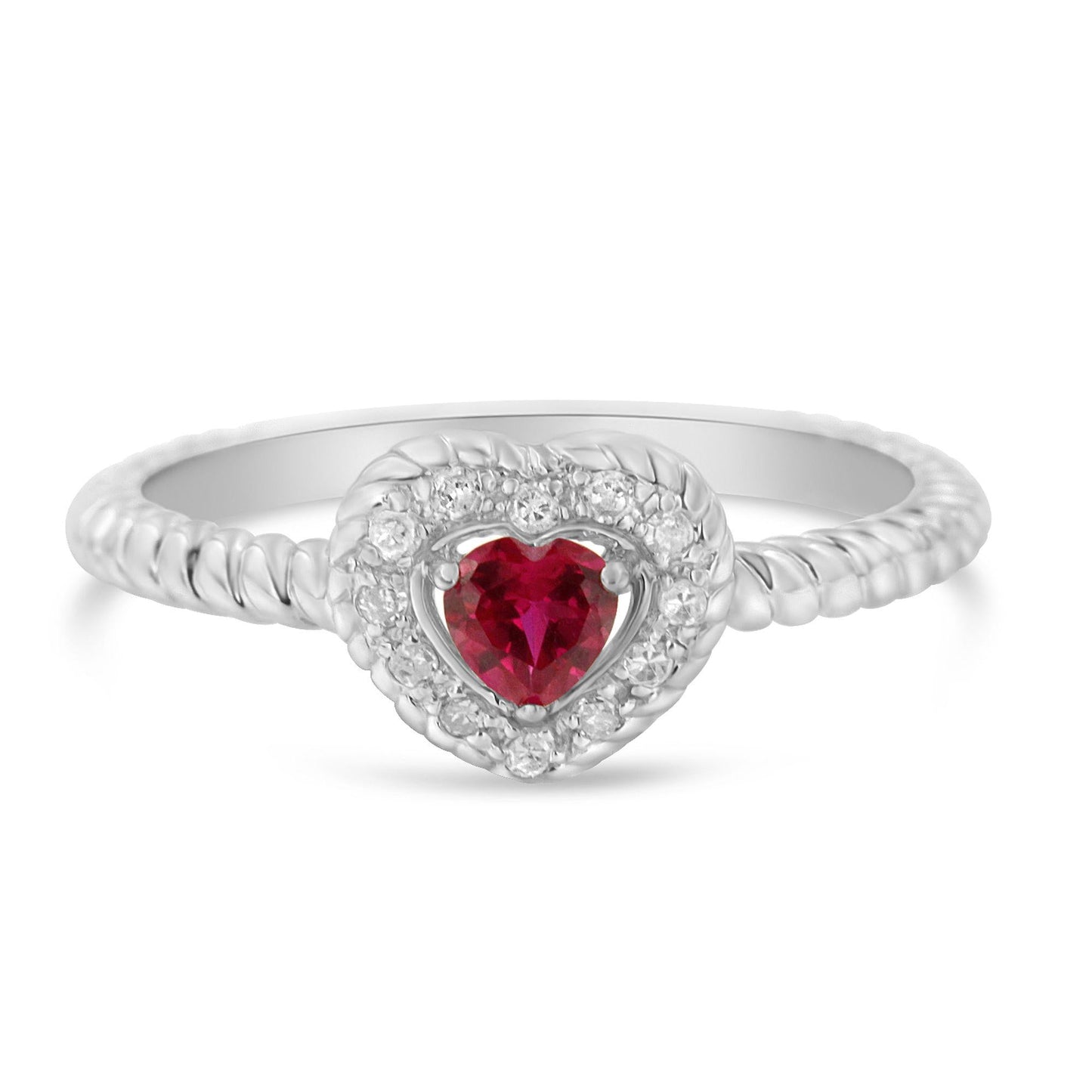 Sterling Silver 4MM Lab Created Ruby Heart and Diamond Accent Heart Ring (I-J