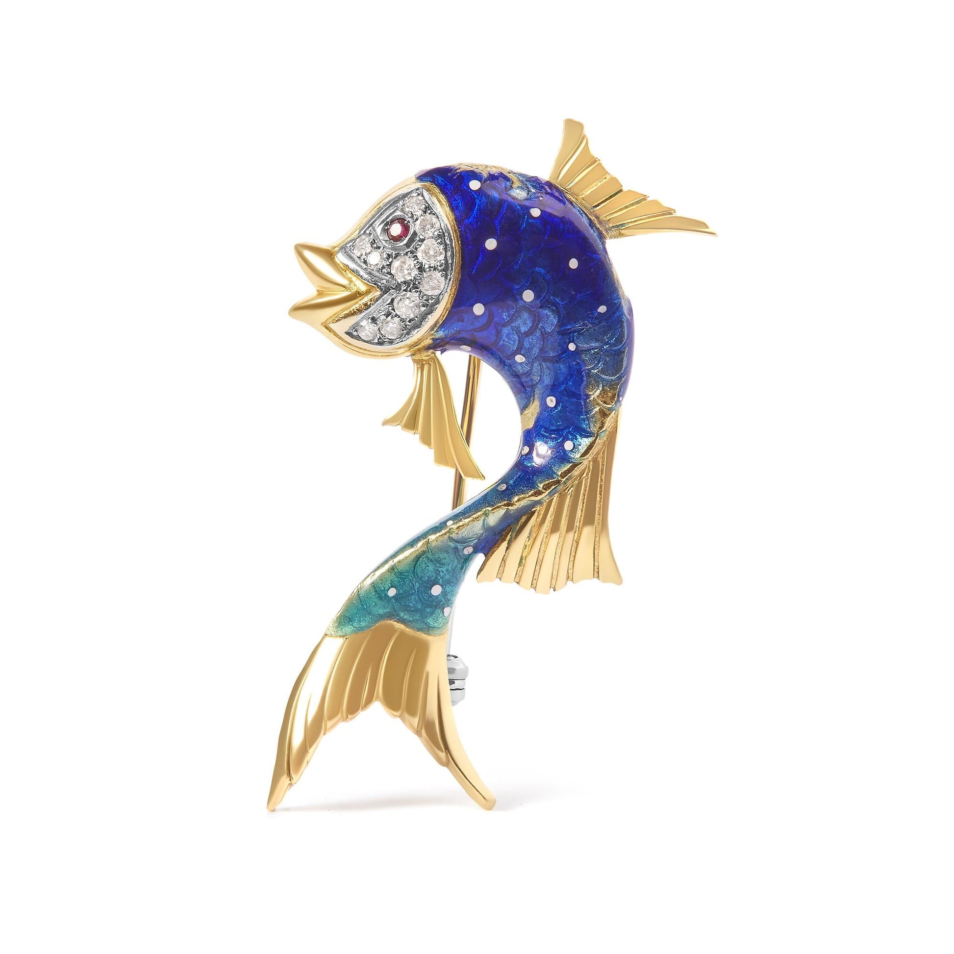 18K Yellow Gold and Blue Enamel Diamond and Pink Sapphire Fish Brooch Pin (H-I