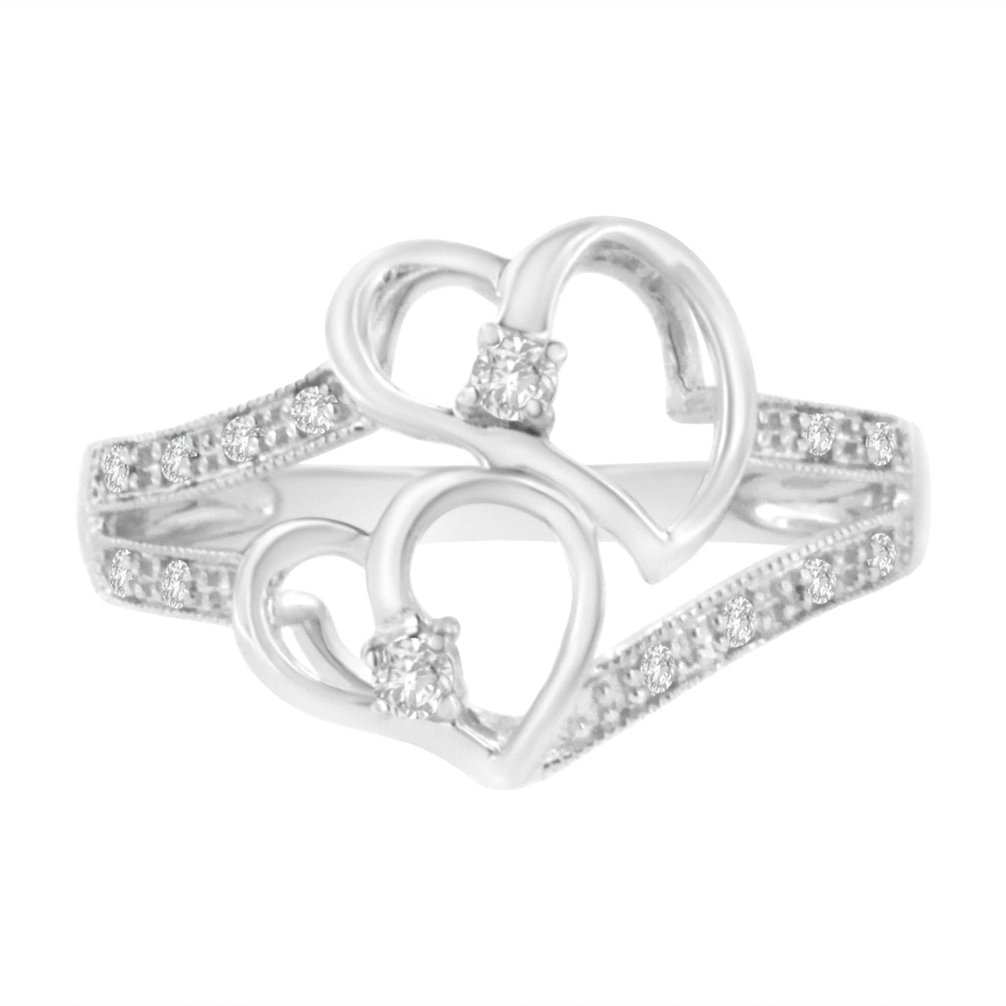 14KT White Gold 1/10 cttw Diamond Twin Heart Ring - Rings/Fashion/Cocktail