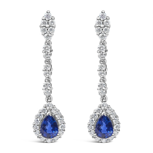 18K White Gold 1 3/5 Cttw Diamond and 7X5 MM Pear Shaped Blue Sapphire 1 1/3 Inch Drop and Dangle Halo Earrings (G-H Color, VS1-VS2 Clarity)