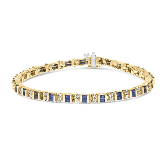 14K Yellow Gold 1.00 Cttw Diamond and Alternating Blue Sapphire Link Bracelet (H-I Color, SI1-SI2 Clarity) - 7" Inches