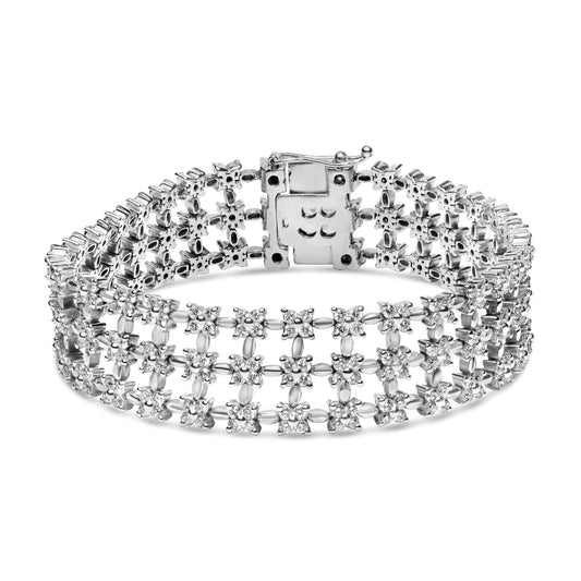 18K White Gold 7 1/2 Cttw Diamond 3 Row Floral Link Bracelet (G-H Color, VS1-VS2 Clarity) - 7 " Inches