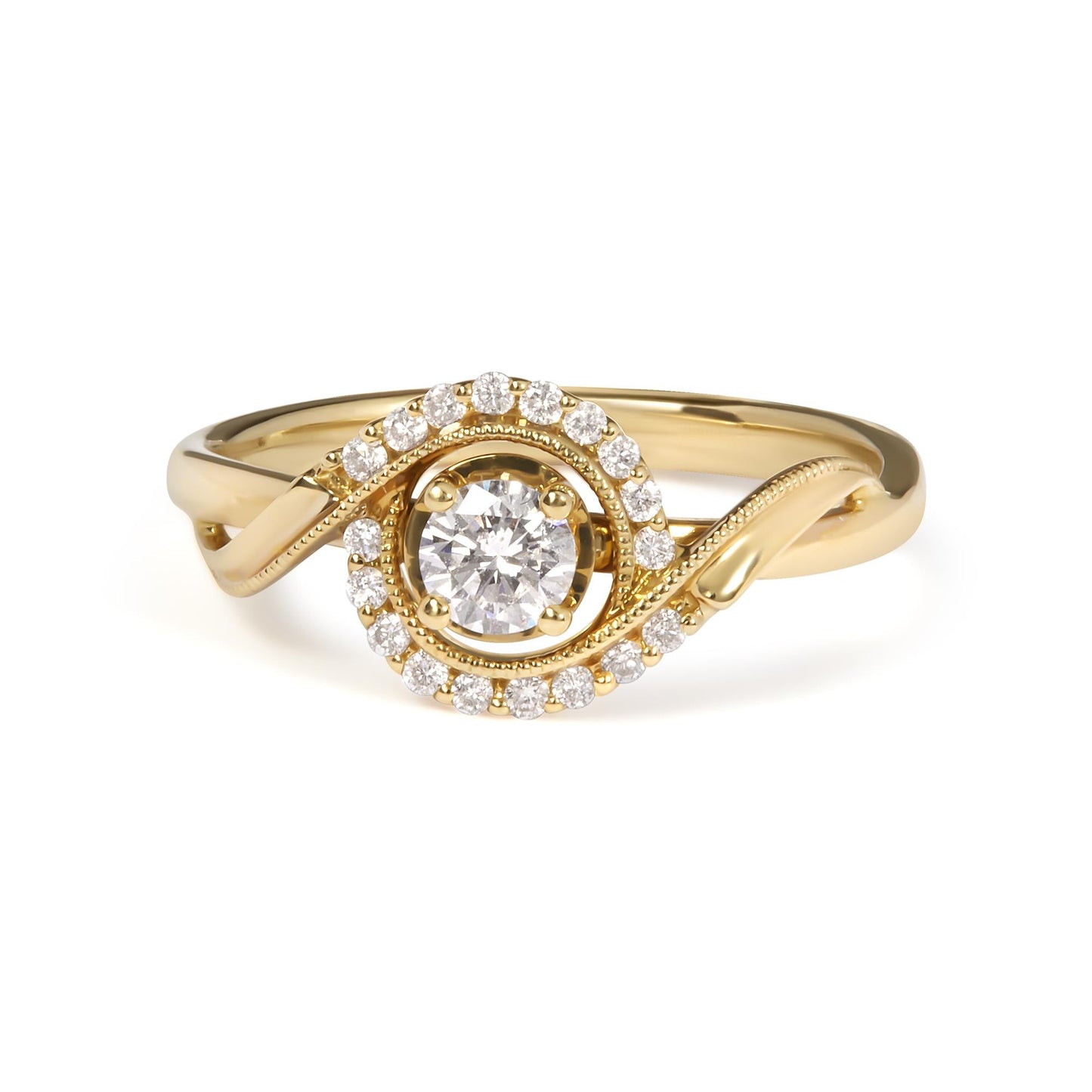 14K Yellow Gold 1/3 Cttw Diamond Solitaire and Halo Swirl Engagement Ring (G-H Color, VS2-SI1 Clarity)- Size 7