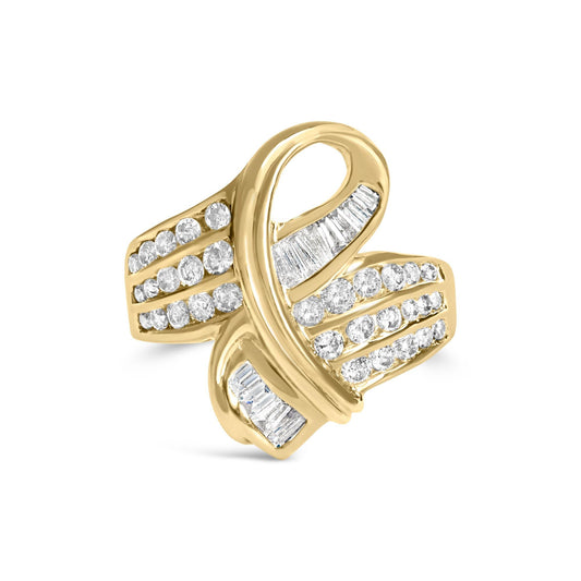 14K Yellow Gold 1 1/3 Cttw Channel Set Diamond Bypass Cocktail Ring (J-K Color