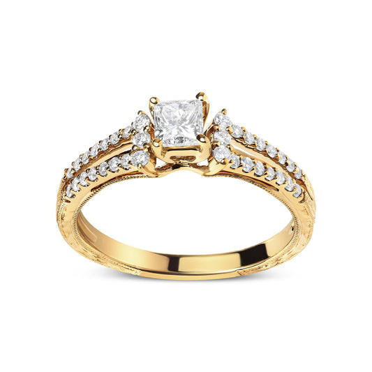 14K Yellow Gold Diamond 5/8 Cttw Princess Diamond Split Shank and Milgrain Engagement Ring (G-H Color, VS2-SI1 Clarity) - Size 7