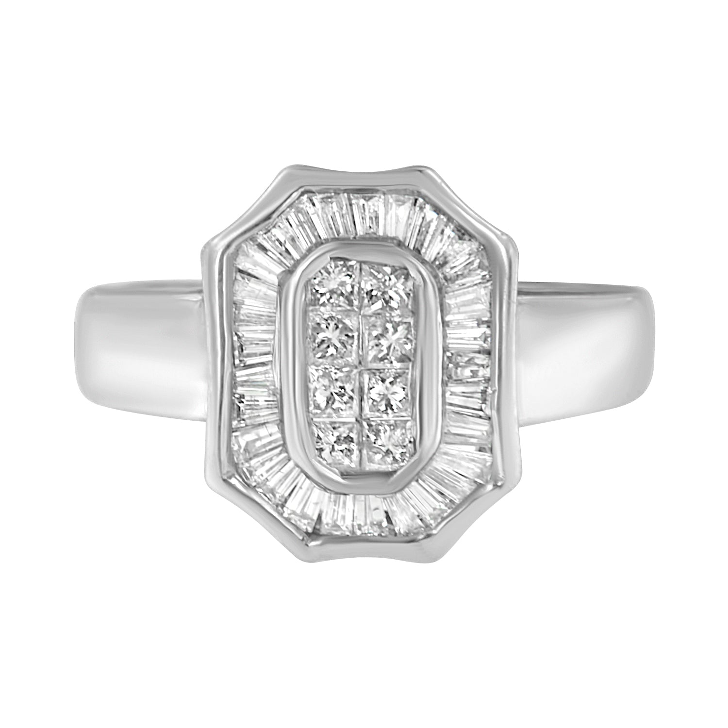 14K White Gold 1.00 Cttw Baguette and Princess-Cut Diamond Cocktail Art Deco