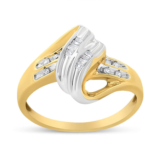 10K Yellow and White Gold 1/10 Cttw Baguette and Round-Cut Diamond Bypass Ring