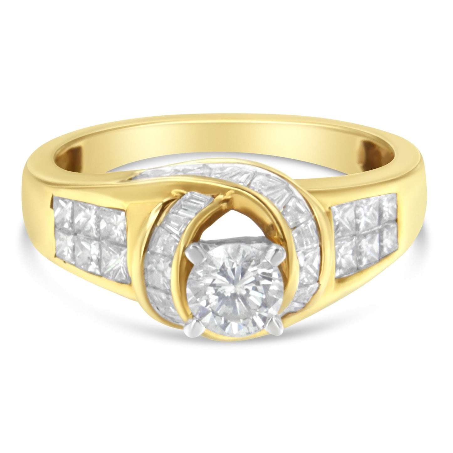 14K Two-Toned Gold Round Baguette and Princess Cut Diamond Ring (1 1/8 Cttw H-I