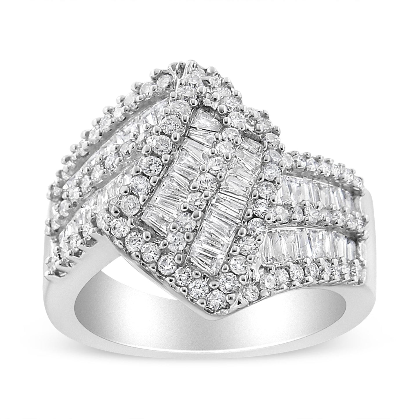 14K White Gold 1-1/2 Cttw Round and Baguette Diamond Bypass Cocktail Ring Band