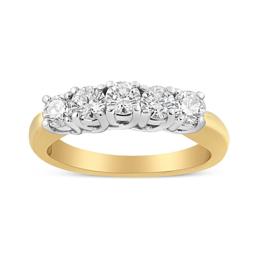 18K Yellow Gold 1.0 Cttw 4 Prong Set Round Cut Diamond Step up 5 Stone Ring