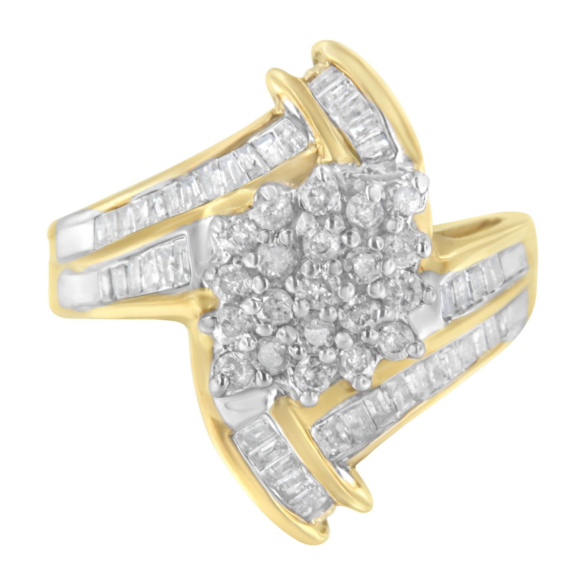 10K Yellow Gold Round and Baguette-Cut Diamond Bypass Cluster Ring (1.0 Cttw