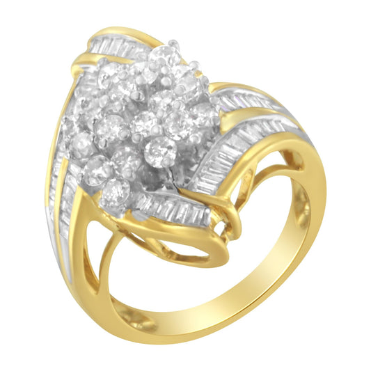 10K Yellow Gold Round and Baguette Diamond Swirl Ring (2.0 Cttw J-K Color I2