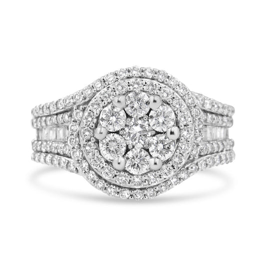 14K White Gold 1 1/2 Cttw Diamond Floral Cluster and Studded Shank Halo Ring (H-I Color, SI2-I1 Clarity)