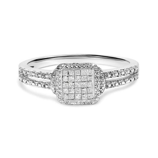 .925 Sterling Silver 1/4 Cttw Princess-cut Diamond Composite Ring with Beaded Halo (H-I Color, SI1-SI2 Clarity)