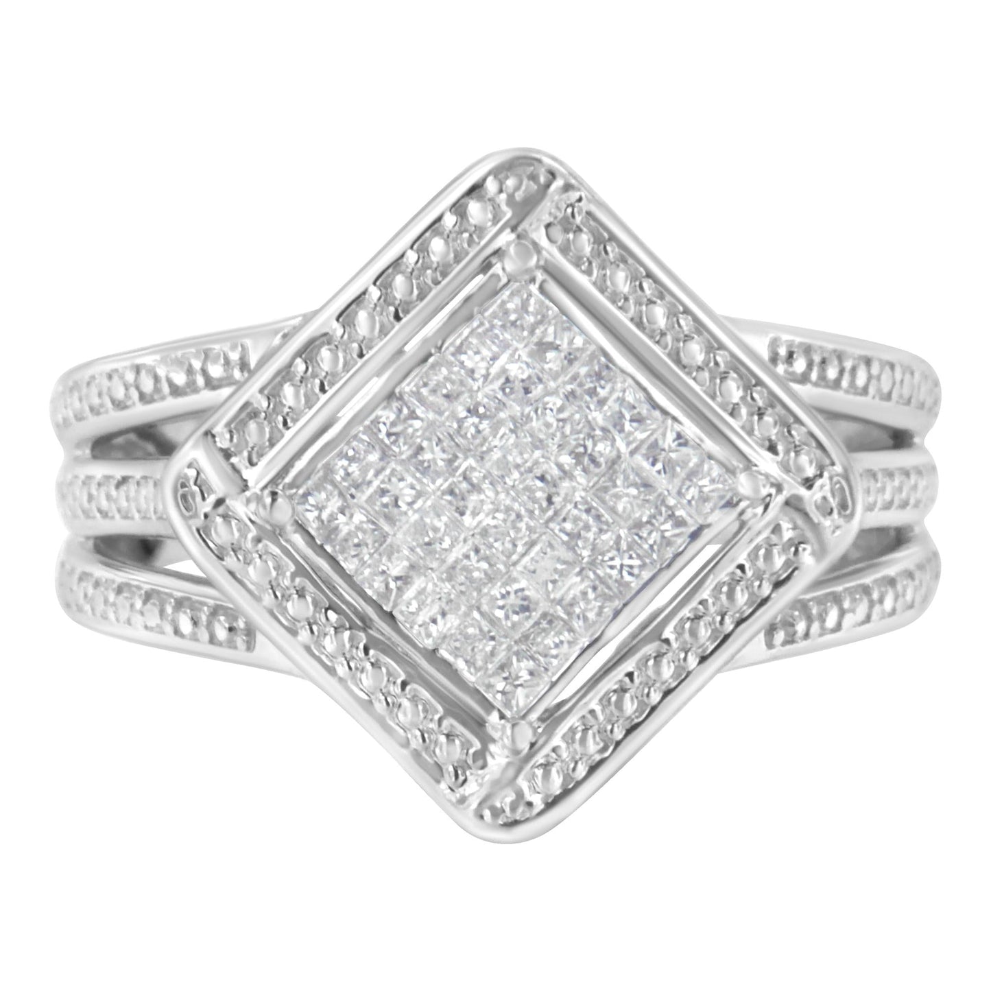 .925 Sterling Silver 2/5 Cttw Princess Cut Diamond Square On Point Cluster