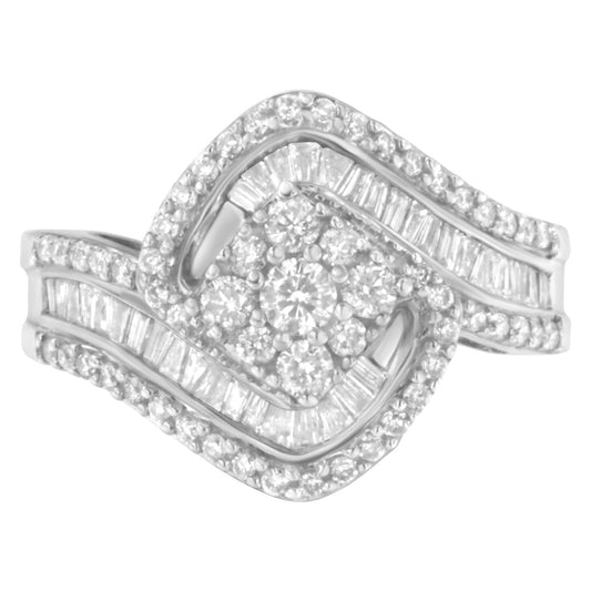 14K White Gold 1.0 Cttw Baguette & Brilliant-Cut Diamond Round Floral Cluster