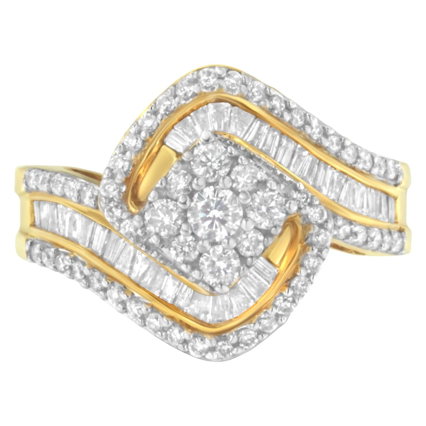 14K Yellow Gold 1.0 Cttw Baguette & Brilliant-Cut Diamond Round Floral Cluster