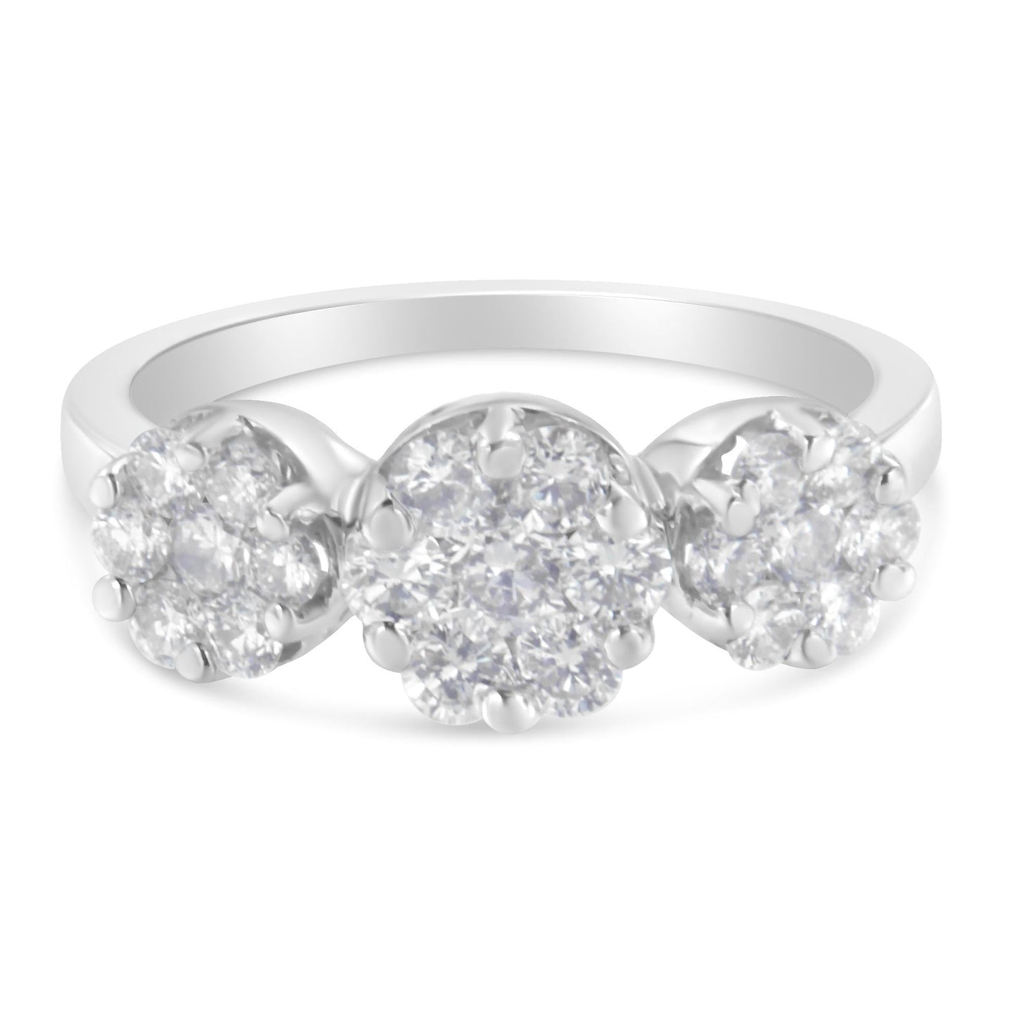 14K White Gold 1-1/4 Cttw Brilliant Cut Diamond Three Round Floral Clusters