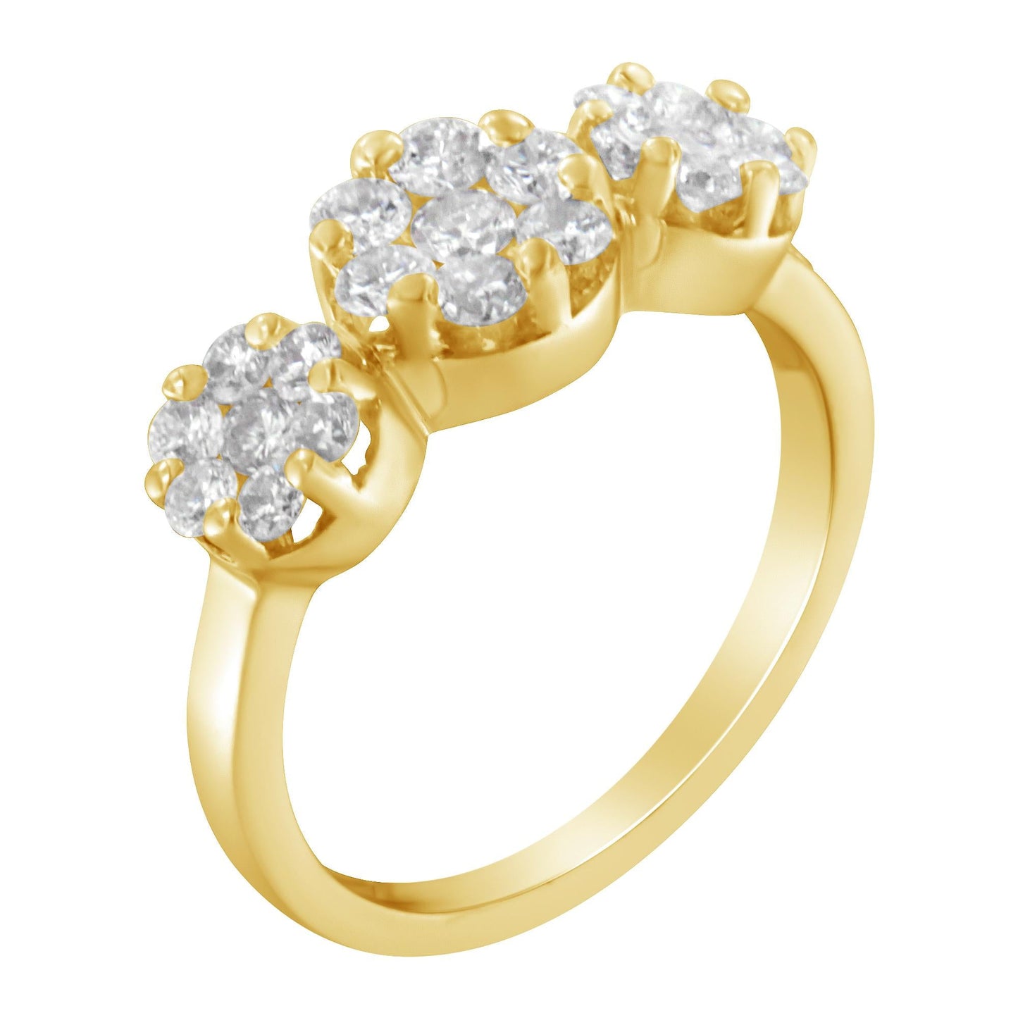 14K Yellow Gold 1-1/4 Cttw Brilliant Cut Diamond Three Round Floral Clusters