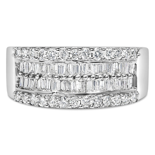 14K White Gold 1.0 Cttw 4 Row Round Baguette Diamond Band Ring (H-I Color