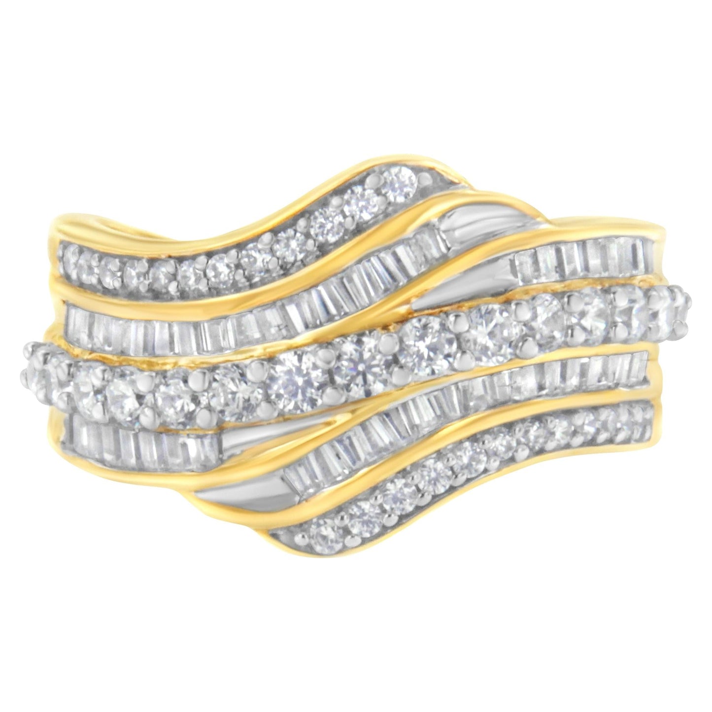 10K Yellow Gold 1.0 Cttw Baguette and Round Diamond Multi-Row Wave Bypass Ring