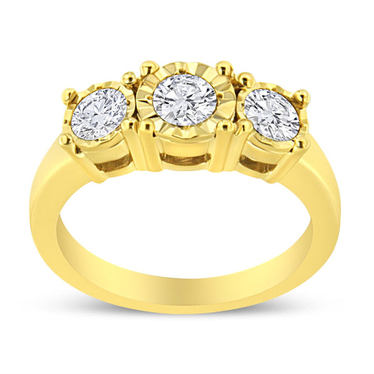 14K Yellow Gold Plated .925 Sterling Silver 1.00 Cttw Miracle-Set Round Diamond Three Stone Engagement Ring (K-L Color, I1-I2 Clarity)