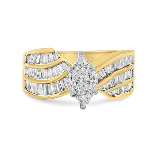 14K White and Yellow Gold 1 1/4 Cttw Pie and Baguette-Cut Diamond Marquise