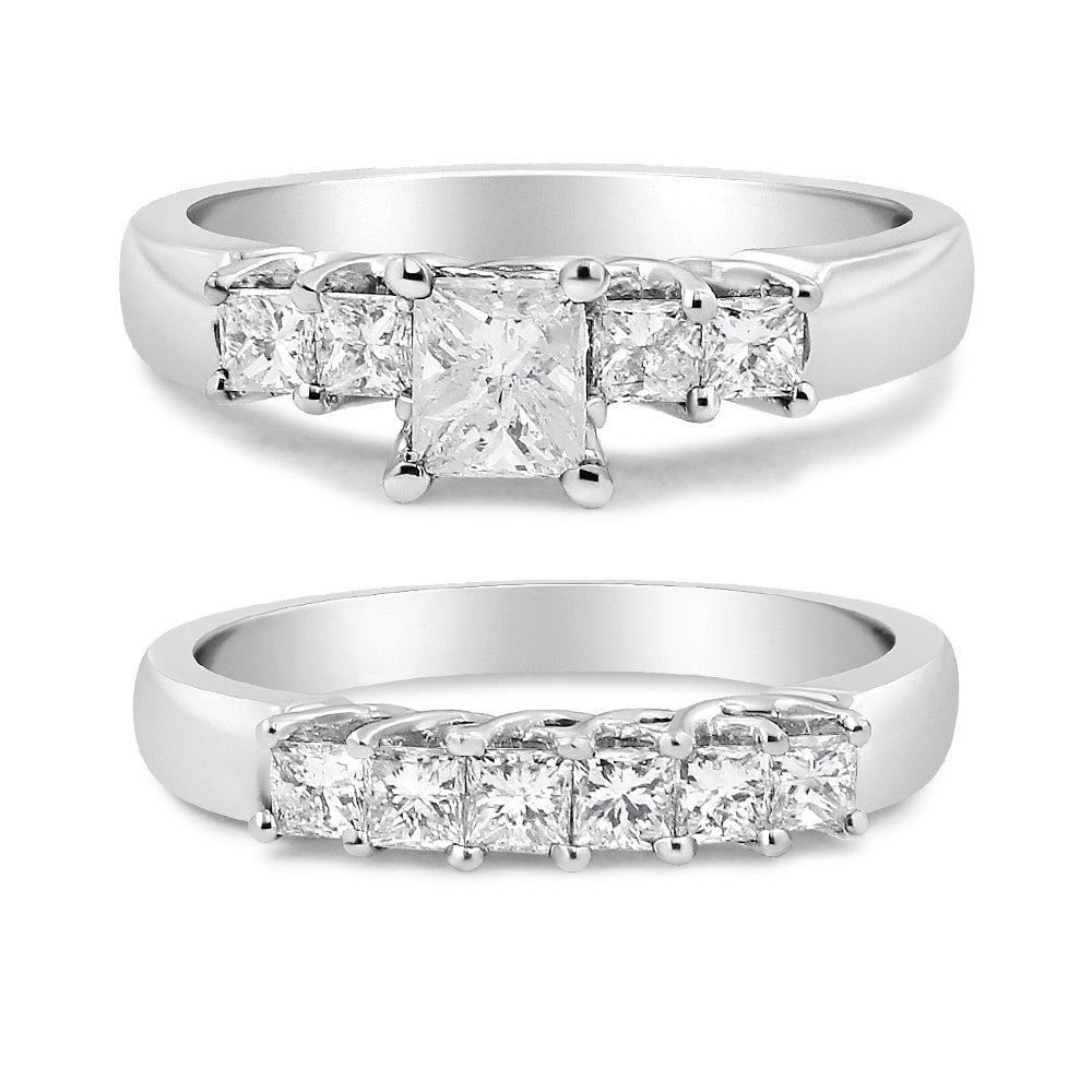 14K White Gold 1 1/2 Cttw 5 Stone Princess Diamond Engagement Wedding Ring Set