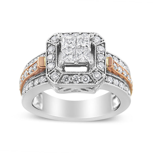 14K White and Rose Gold 1 1/8 Cttw Princess and Round-Cut Diamond Art Deco