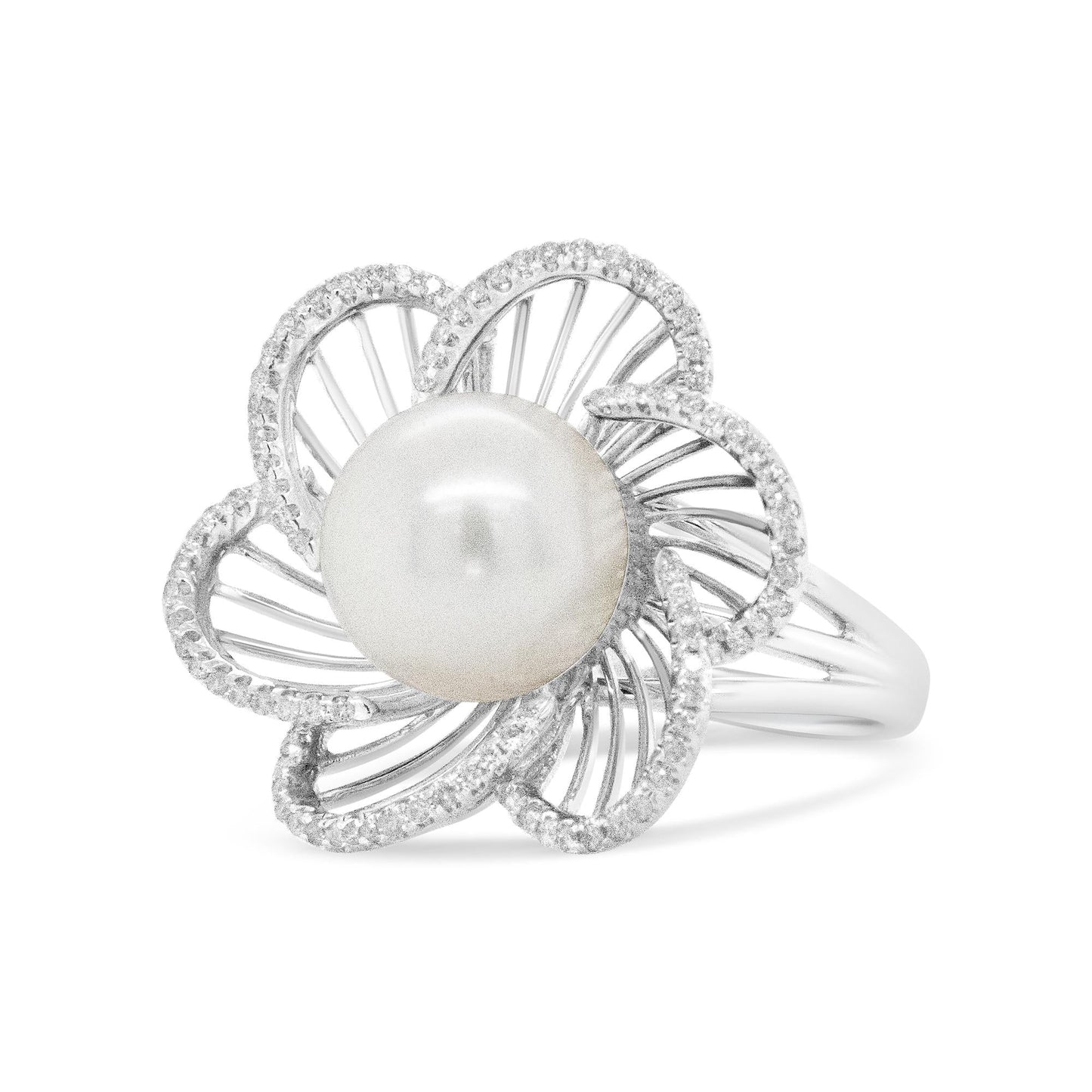 14K White Gold 11mm Round Pearl and 1/3 Cttw Round Diamond Openwork Flower