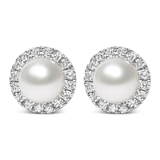 10K White Gold 4.5mm Cultured Freshwater Pearl and 1/7 Cttw Diamond Halo Stud Earring (I-J Color, I1-I2 Clarity)