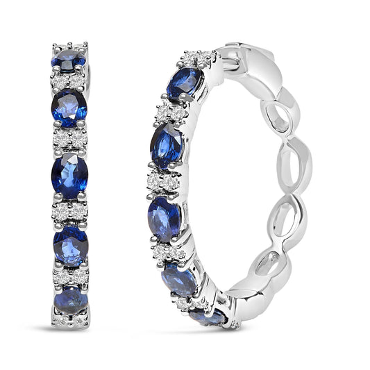 14K White Gold 4x3mm Oval Blue Sapphire and 1/4 Cttw Diamond Alternating Hoop