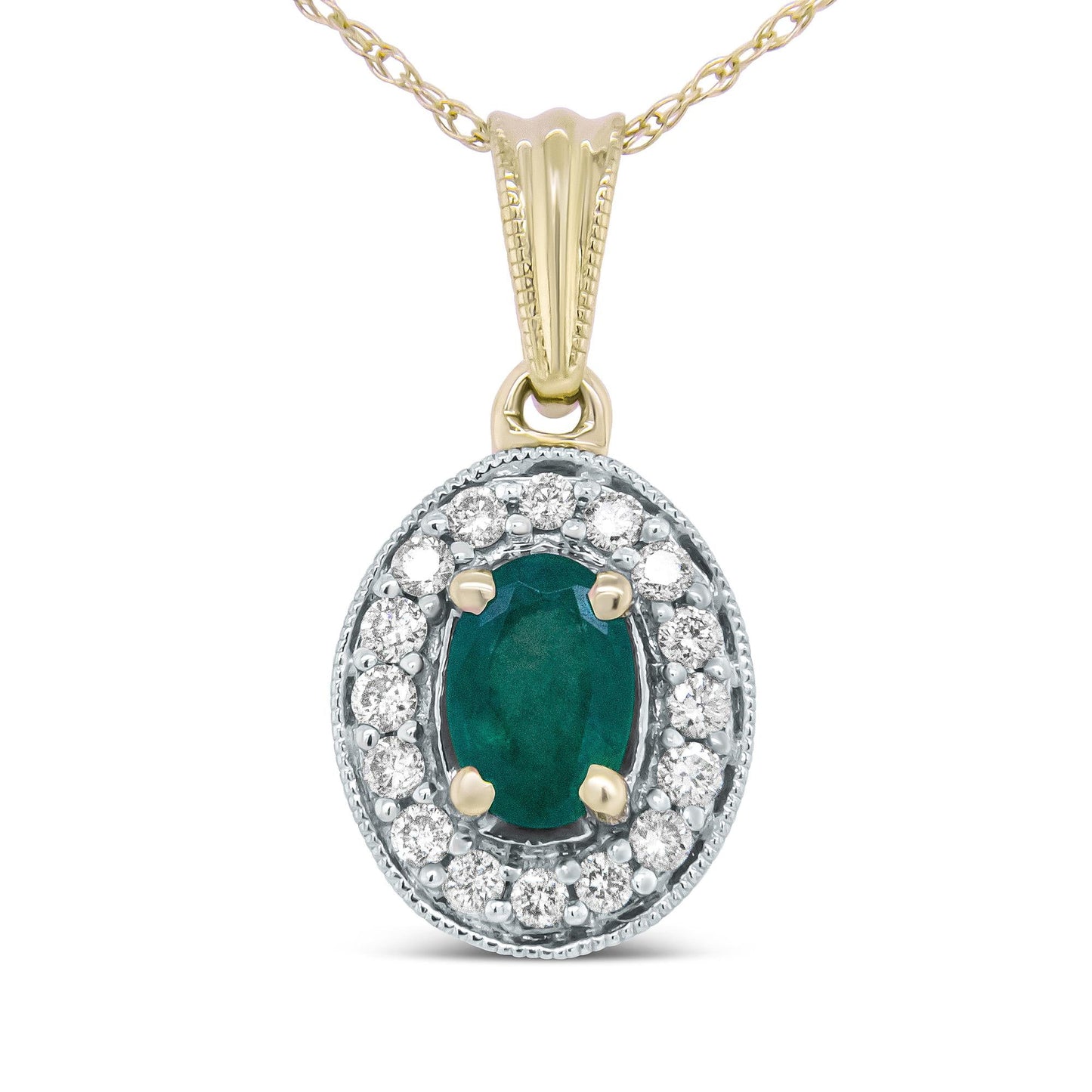 14K Yellow Gold 6x4mm Emerald and 1/5 Cttw Round Diamond Halo Pendant 18’’