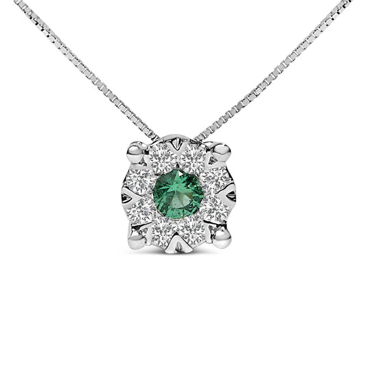 14K White Gold 3.8 MM Green Emerald and 1/3 Cttw Diamond Composite Halo