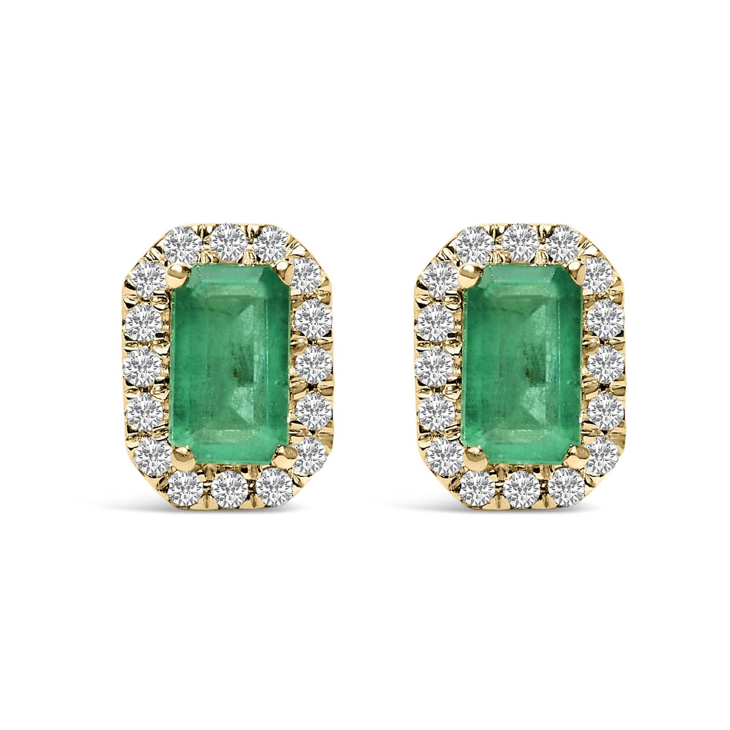 10K Yellow Gold 5x3mm Emerald-Cut Green Emerald and 1/7 Cttw Diamond Halo Octagonal Stud Earrings (I-J Color, I1-I2 Clarity)