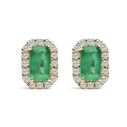 10K Yellow Gold 5x3mm Emerald-Cut Green Emerald and 1/7 Cttw Diamond Halo