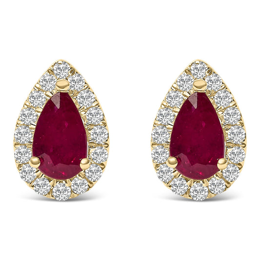 10K Yellow Gold 5X3 MM Pear-Cut Ruby and 1/7 Cttw Diamond Halo Stud Earrings